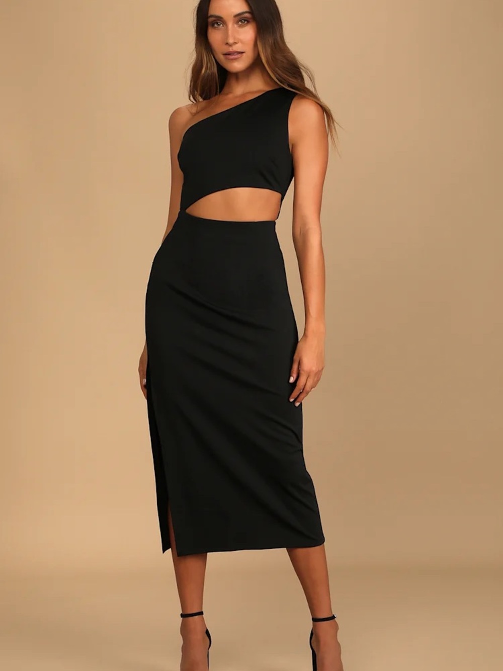 Lulu's Black One-Shoulder Cutout Midi Dress